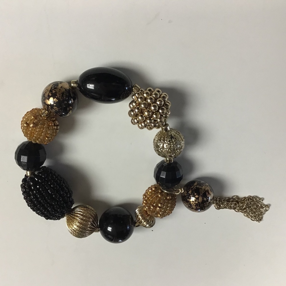 Chico’s Gold + Black Bead Tassel Stretch Bracelet